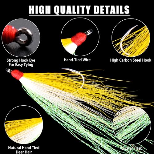 Bucktail Teasers Fishing Hooks Saltwater Flounder Rig Bucktail Mylar Teasers Inserted Fishing Teaser Hooks for Jigs Spoons Lures Hi/Lo Rig Striped Bass Bluefish Flounder Surf Bottom Fishing - color: Yellow-white, size: 12pcs