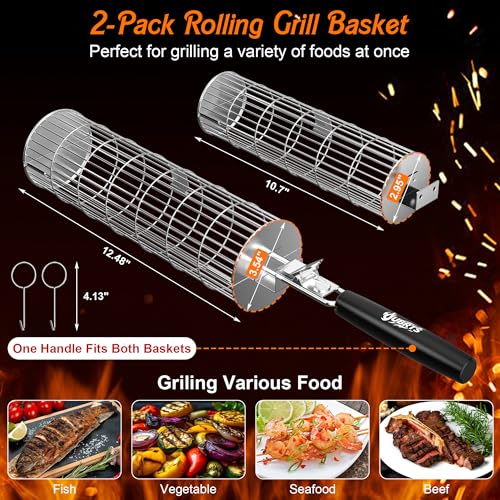Rolling Grill Baskets for Outdoor Grill, 2PCS BBQ Grilling Basket with Removable Wooden Handle, Stainless Steel Camping Cooking Grill Accessories for Meat Fish Vegetable Seafood, Gifts for Men Dad Husband