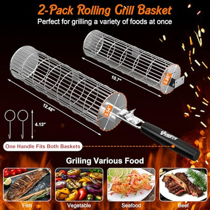 Rolling Grill Baskets for Outdoor Grill, 2PCS BBQ Grilling Basket with Removable Wooden Handle, Stainless Steel Camping Cooking Grill Accessories for Meat Fish Vegetable Seafood, Gifts for Men Dad Husband