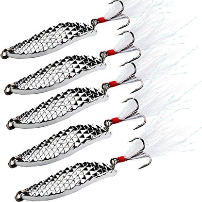 Sougayilang Fishing Spoons Hard Fishing Lures Treble Hooks Salmon Bass Metal Fishing Lure Baits 1/2 OZ - color: SILVER 5pcs