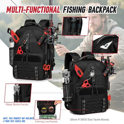 Fishing Tackle Backpack with 2 Rod Holders, Water-Resistant Fishing Gear Storage Bag, Tackle Bag for Fishing Equipment, Fisher Gifts For Men, Black - color: A-Black(Without tackle box)