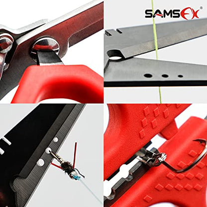 SAMSFX 6.5" Pro Fishing Shears Dual Serrated Blades, Fishing Braided Line Scissors with Titanium Coating, Non-Slip Grip & Multifunction Tool, Includes Hard Molded Locking Sheath & Coiled Lanyard - color: A: Red Kraton Handle, Hard Sheath