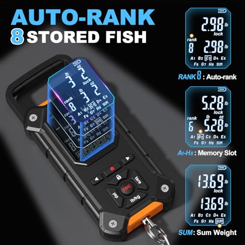 SNAIL TRAIL 8 Storage Bins Digital Fishing Scale & Lip Gripper with Auto-Rank, Large & High Contrast Backlit LCD Display, Multi-Mode(LB, LB-OZ, KG), 50 lbs Tournament Bass Fish Weigher, Gift for Men - color: Black