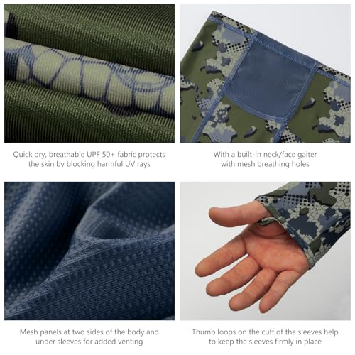 BASSDASH Men's UPF 50+ Camo Long Sleeve Hunting Fishing Hoodie Shirt - color: Green Vegetation Camo With Ash Blue Mesh, size: Medium