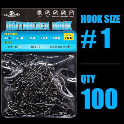Baitholder Fishing Hooks 100 Pack - Double-Barbed Long Shank for Bluegill Bass Trout Walleye Black/Red, 8/0-#8 - color: 2-Black, size: Size:1 100-Pack