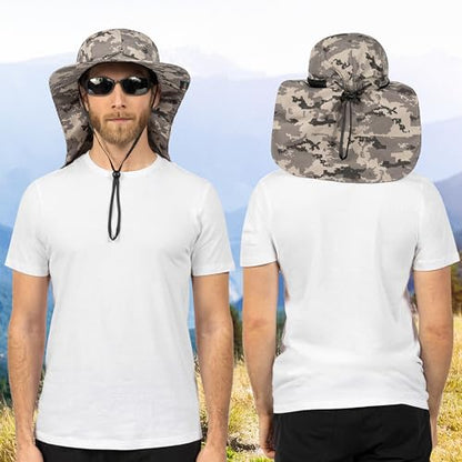 SUN CUBE UPF50+ Sun Hat for Men Women with Neck Flap, Wide Brim UV Protection Fishing Safari Hat for Hiking Beach Gardening - color: Gray Camo