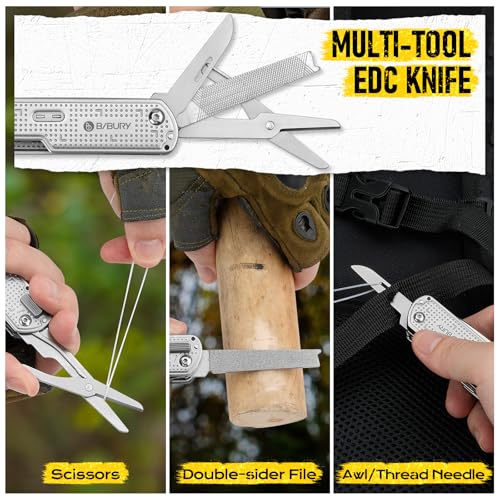 BIBURY Multitool Pocket Knife BI2056, Stainless Steel Multi Tool Knife with Clip, Folding Multitool EDC Knife with Magnetic Locking,Screwdriver,Large Scissors,Glass Breaker for Survival Camping Hiking