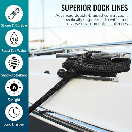 2 Pack 3/8" x 20' Boat Dock Lines for Boat & Pontoon, Premium Marine- Grade Double Braided Nylon Boat Lines, Pre-Spliced with a 12" Eyelet-Black,High Strength,Easy Handling,Boating Gifts for Men. - size: 3/8" x 20' (Pack of 2)