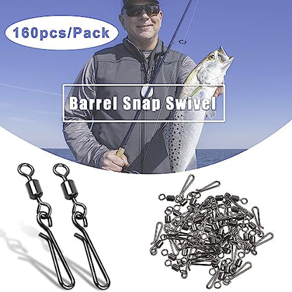 SILANON Fishing Barrel Snap Swivels,Rolling Barrel Swivels with Hanging Snaps Stainless High Strength Fishing Snap Clip Saltwater Freshwater Swivel Snap Fishing Tackle Connector - style: Mixed Kit-160pcs