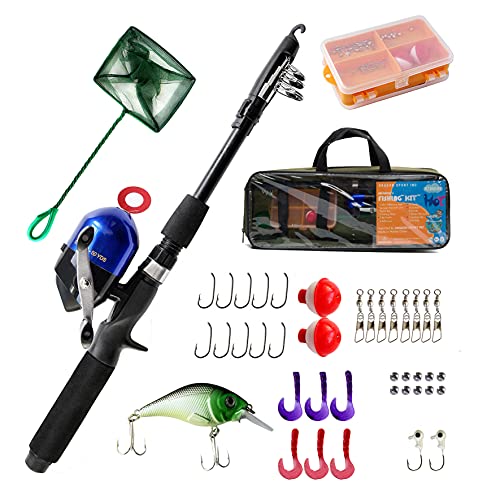 Kids Fishing Pole Spincast Youth Fishing Pole Tackle Box - with Net,Travel Bag,Rod and Reel Kit for Boys and Girls, Youth or Beginner’s - color: Black