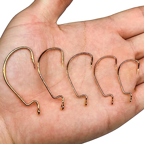 50pcs Fishing Worm Hooks High Carbon Steel Wide Gap Offset Saltwater Freshwater Extra Strong Circle Jig Worm Fishing Hooks for Bass Trout with Box Packed #1/0-5/0 - color: silver
