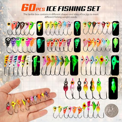 Ice Fishing Jigs Kit, 36/60/100pcs Micro Jig Heads Lures Hook Set for Winter Ice Jigging, Panfish, Perch, Trout, Bluegill, Walleye, Crappie Ice Fishing Lures Hooks Set with Storage Box - color: B -60pcs Ice fishing jigs (10 Style)