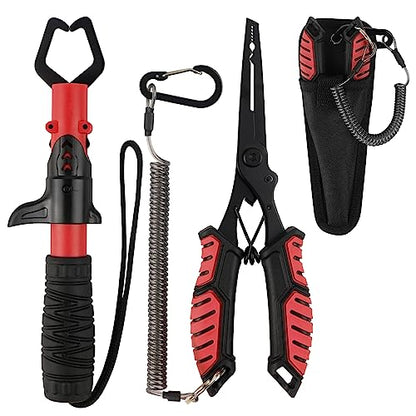 mouhike Fishing Pliers Fish Lip Gripper Fishing Tool Kit Muti-Function Saltwater Fishing Line Cutter Hook Remover with Sheath Lanyard, Fly Ice Fishing Gear Fishing Gifts for Men Women - color: Red & Black