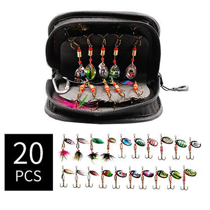 KINGFOREST 10-20pcs Fishing Lures Spinnerbait for Bass Trout Salmon Walleye Hard Metal Spinner Baits Kit with Tackle Box - style: 20pcs