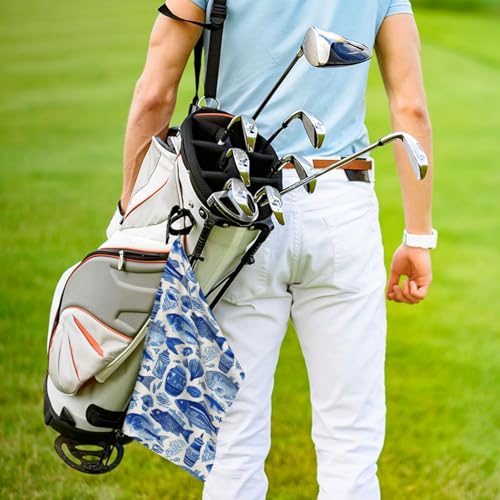 Retro Blue Fish Print Golf Towel, Microfiber Golf Towels for Bags with Carabiner Clip 16 x 24 inches, Men Womens Golfs Accessories