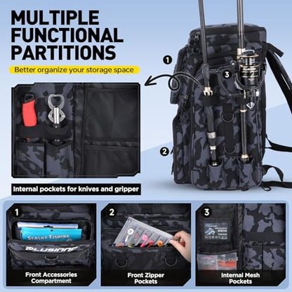PLUSINNO Fishing Tackle Backpack with Rod Holders，42L Water-resistant Fishing Bag Store Fishing Gear, Fisher Gifts For Men. - color: Black Camo（4 Tackle Boxes Included）
