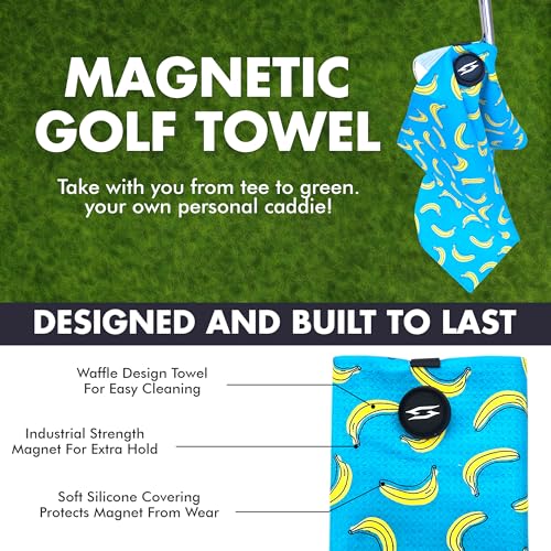 Magnetic Microfiber Waffle Golf Towel – Funny Large 16"x24" Clean Golf Club Ball Magnet Clip to Hang on Bag Cart Strong Premium Strength Ultra Absorbent Gear Black Disc Men (Teal Bananas) - color: Teal Bananas