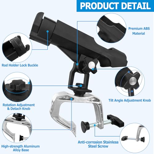 LBW Boat Fishing Rod Holder Clamp on Rod Holder 360 Degree Adjustable Dual-use Fishing Pole Holder for Boat Dock Pontoon Canoe 2 PCS