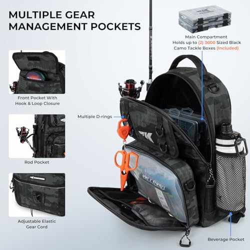 KastKing BaitSpace Fishing Sling Bag, Fishing Backpack with Rod & Beverage Holder, Tackle Bag for Fishing Gear - color: E: Black Camo - with (2) 3600 tackle boxes, size: Large