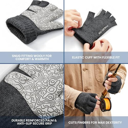 Palmyth Wool Fingerless Fishing Gloves - Warm for Men & Women: Cold Weather Fly Fishing, Ice Fishing, Photography & Hunting - color: Obsidian, size: Large-X-Large