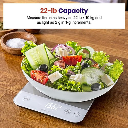 Etekcity 22lb Food Kitchen Scale, USB Rechargeable, IPX6 Waterproof | Digital scale with grams & ounces, 1g precision, 5 weight units, tare, ideal for baking and meal prep, White - color: Achromatic White