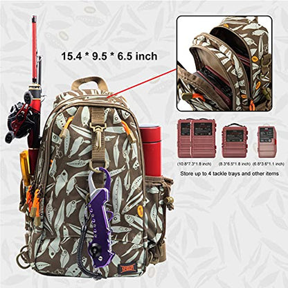 KINGDOM Fishing Tackle Storage Bag With Fishing lure Box, Water-Resistant Fishing Backpack with Rod Holder, Fishing Gear Bag - color: Khaki