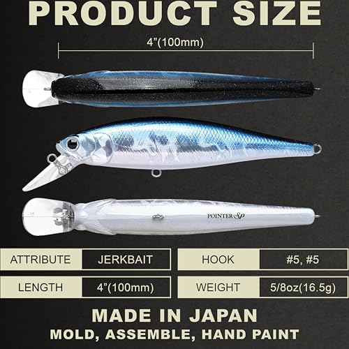 LUCKY CRAFT Pointer 100SP, Jerkbait Side by Side Action Tournament Winning Perfect Wobbling Freshwater Lake Bass Fishing Champion Bait - color: Aurora Black