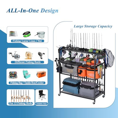 Fishing Rod Holder for Garage, Fishing Pole Holders for 15 Rods 38 * 17", Fishing Rod Rack Basement, Fishing Pole Rack Metal Black with Big Wheels, 4-Tier