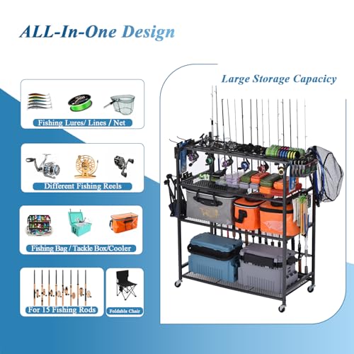 Fishing Rod Holder for Garage, Fishing Pole Holders for 15 Rods 38 * 17", Fishing Rod Rack Basement, Fishing Pole Rack Metal Black with Big Wheels, 4-Tier