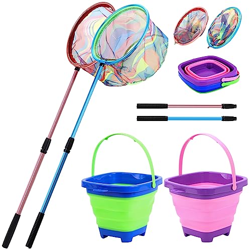 Kids Fishing Net, 2 Pack Telescopic Landing Nets with Aluminum Pole Handle, Collapsible Bucket Sand Pail, Butterfly Net, Fishing Net for Youth, Outdoor Playing - color: Pink and Blue