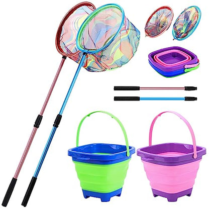 Kids Fishing Net, 2 Pack Telescopic Landing Nets with Aluminum Pole Handle, Collapsible Bucket Sand Pail, Butterfly Net, Fishing Net for Youth, Outdoor Playing - color: Pink and Blue