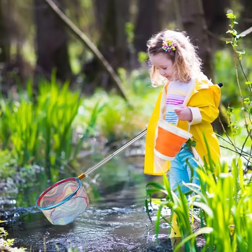 Kids Fishing Net, 2 Pack Telescopic Fishing Landing Net with Aluminum Pole Handle for Kids, Collapsible Bucket Kids Sand Pail, Fishing Net Butterfly Nets for Kids, Outdoor Playing - color: Blue