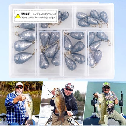 Fishing Weights Sinker Kit-30pcs Assorted Bass Casting Sinker Weights Bell Sinkers Drop Shot Weights with Brass Swivels for Saltwater Freshwater Fishing