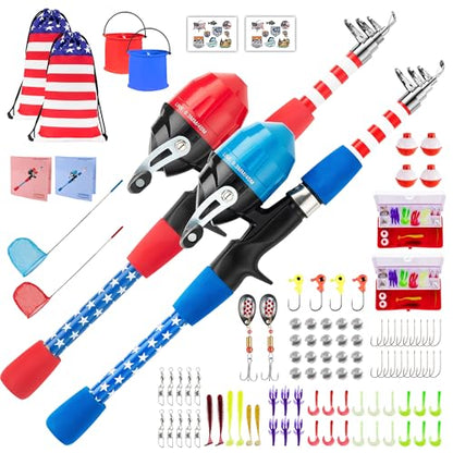 Kids Fishing Pole, Portable Telescopic Kids Fishing Poles for Boys Girls Youth, Fishing Rod and Reel Combo - color: Flag red+blue