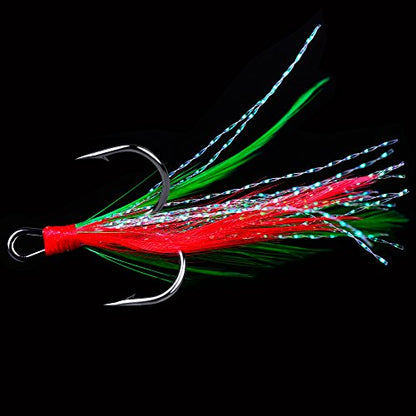 AMHDV Feather Fishing Hooks Strong Treble Hooks Size 2 4 6 8 10 (Pack of 20) - color: Red and green, size: 4#