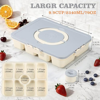 Snackle Box Container, Divided Serving Tray with Lid and Handle, 9 Compartments Snack Box Container for Adults, Portable Charcuterie Serving Platter for Candy Fruit, 9.9 Cups, White Grey - color: White Grey