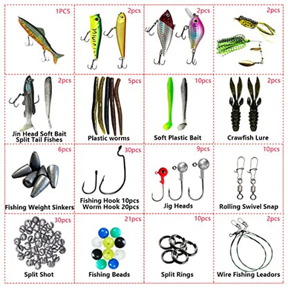 Fishing Lures Kit Set, Baits Tackle Including Crankbaits, Topwater Lures, Spinnerbaits, Worms, Jigs, Hooks, Tackle Box and More Fishing Gear Lures for Bass Trout - color: 145Pcs Fishing Lures Kit