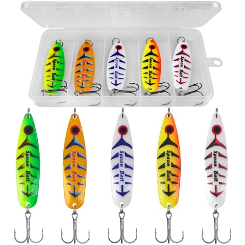 Fishing Spoon Lures Kit, 5pcs Jigging Casting Trolling Lures Slow Vertical Jigs for Bass Tuna Salmon Sailfish Trout Grouper Snapper Freshwater Saltwater with Tackle Box - size: 3/4 oz ( 5 pcs/1 box)