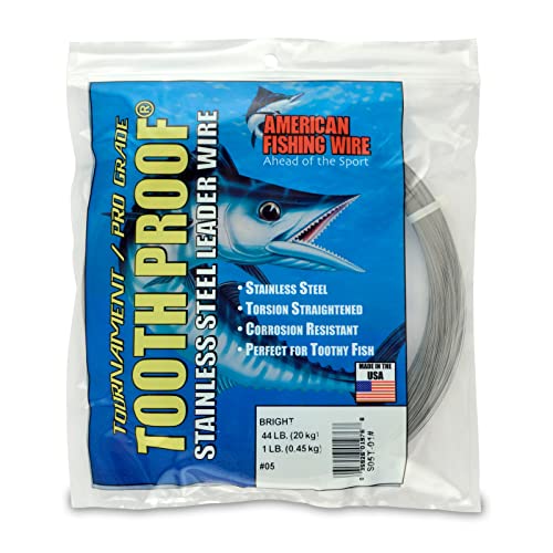 AFW Tooth Proof Stainless Steel Single Strand Hard Leader Wire - Bright and Camo for Shark, Barracuda, King Mackerel, Wahoo, Snook Bite Protection for Toothy Critters, Rigging Baits and Lures - color: Bright, style: #5, 44 Lb Test, 1 Lb