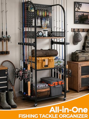 Fishing Rod Holders for Garage, Fishing Rod Rack Holds Up to 12 Rods, Rolling Fishing Pole Storage Organizer with Pegboard, Hooks & Wheels, Fishing Gear Organizer for Tackle Boxes, Reels & Accessories