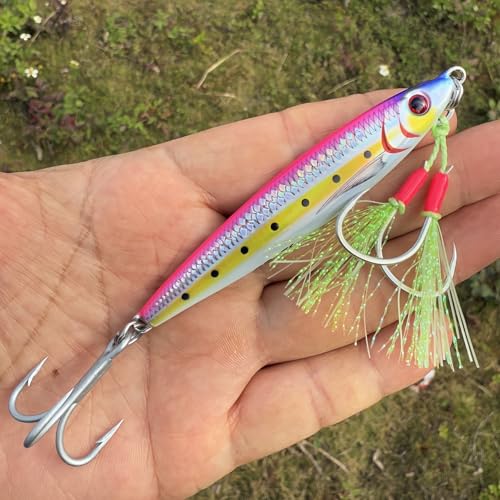 Ice Fishing Lures, Metal Jig Lures, Hard Baits for Bass, Saltwater Jigging Lures, Slow Pitch Jig Catch More Fish, Durable and Well-Made Bass Trout Tuna Lures with VMC Hooks (AH9563)