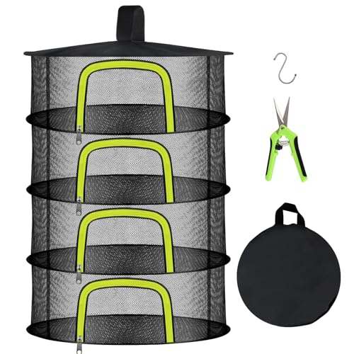 4 Layer Herb Drying Rack, Hanging Mesh Net, Foldable Plant Drying Rack with U-Shaped Zipper, Garden Trimming Shears and Hooks, for Drying Herbs Plants, Fruits, Seafood, Clothing - size: 4 Layers-23.62''
