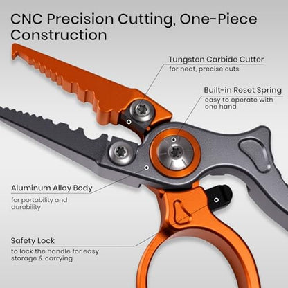 Pristis Micro Pocket Pliers with Zinger Retractor, Small Saltwater Resistant Aluminum Hook Remover with Tungsten Braided Line Cutter, O Ring Split Gear, Bass Fish Multi Tool Kit Fly Fishing Accessory