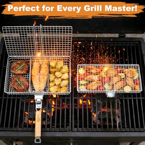 Fish Grill Basket for Outdoor Grill, Stainless Steel ，Removable Wooden Handle, Locking Grill Basket for Fish, Shrimp & Vegetables, Portable Camping BBQ Accessories for Charcoal Grill, Backyard BBQ, Cookout & Tailgating