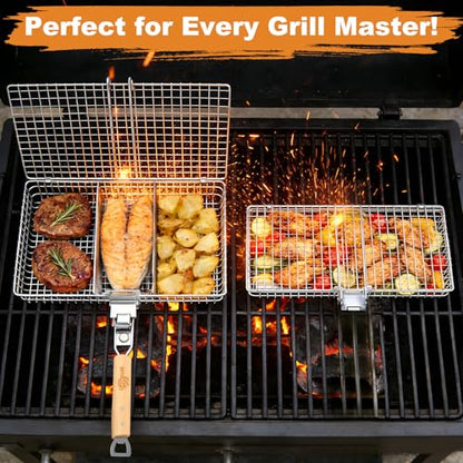 Fish Grill Basket for Outdoor Grill, Stainless Steel ，Removable Wooden Handle, Locking Grill Basket for Fish, Shrimp & Vegetables, Portable Camping BBQ Accessories for Charcoal Grill, Backyard BBQ, Cookout & Tailgating