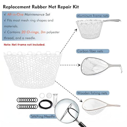 Riverruns Rubber Net Replacement with Repair Kit Fly Fishing Net Replacement Knotless Netting Bag for Rubber Fishing Net, Catch & Release - color: Black, size: 13.8" Dia x 9.8" Depth (39.4" Circumference )