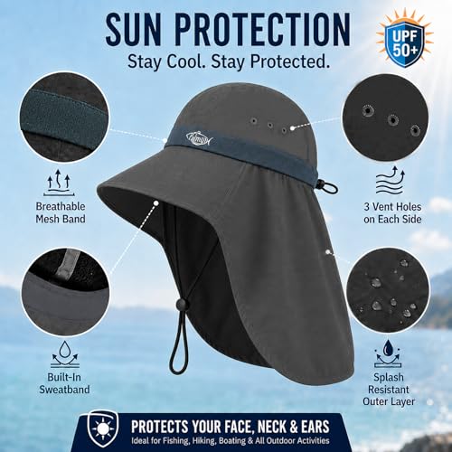 Palmyth Fishing Hat UPF 50+ Sun Protection Neck Flap Hat for Men and Women | Cooling Neck Flap, Water Resistant, Wide Brim, Detachable Chin Strap, Breathable Mesh, Sweatband, Adjustable Buckle, Packable - color: Carbon
