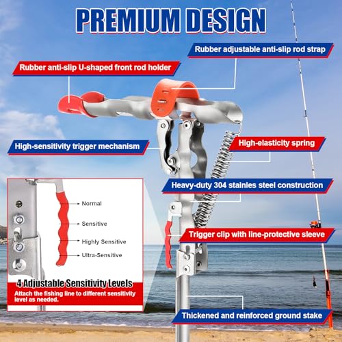 NYXOVA Automatic Spring Fishing Rod Holder, 2 Pack Stainless Steel Fishing Pole Holder for Ground, Automatic Rod Holder with Spring Loaded Tip-up Action for Fishing
