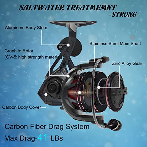 Cadence Stout Saltwater Spinning Reel, Smooth 7 + 1 Sealed Ball Ball Bearing System, Anti-Corrosion Saltwater Treatment, Big Game, Powerful Carbon Fiber Drag with 41 lbs Drag