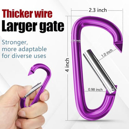 sprookber 4" & 5" Extra Large Aluminum Carabiner D Ring, Caribeener Clips, Spring Snap Hook for Keychain Clip, Set of 4 - color: purple-4", size: 4 inch